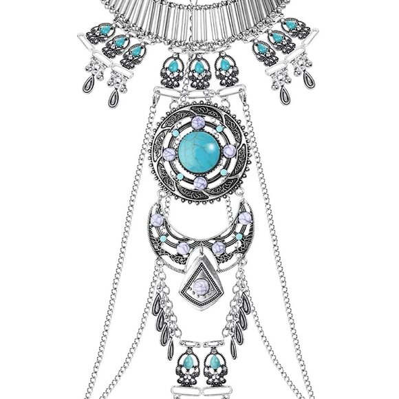 Boho Statement Turquoise Necklace Dancer Necklace Crossover Harness Bikini Waist